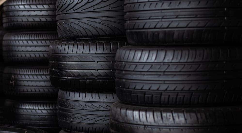 Three rows of different types of tires are shown. 