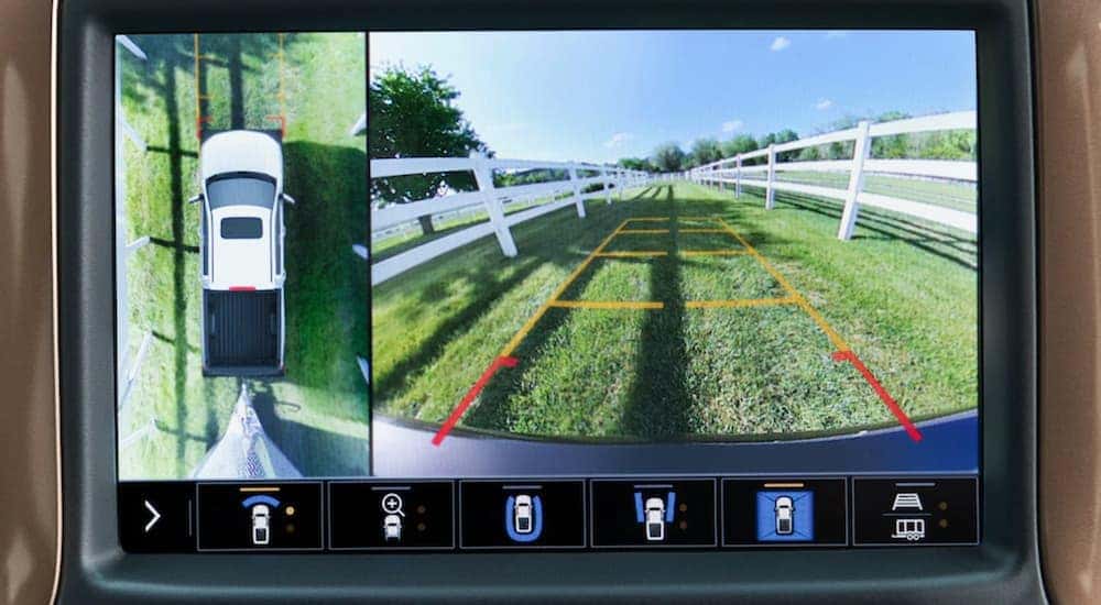 The infotainment screen of a 2020 Silverado is shown while using the invisible trailer tech.