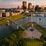 A birds eye view of a Dayton, Ohio, at sunset.