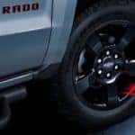 The black wheels on a 2018 Chevy Silverado Redline are shown.
