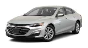 A silver 2019 Chevrolet Malibu is angled left.