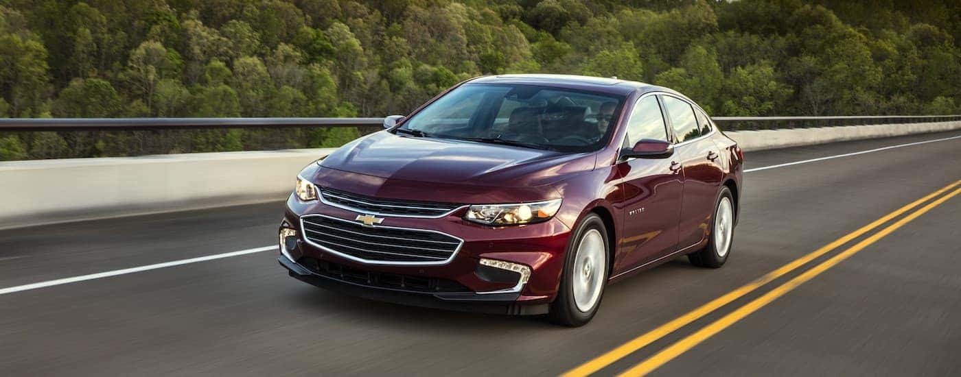A maroon 2018 Chevy Malibu Hybrid is shown driving on a tree lined road.