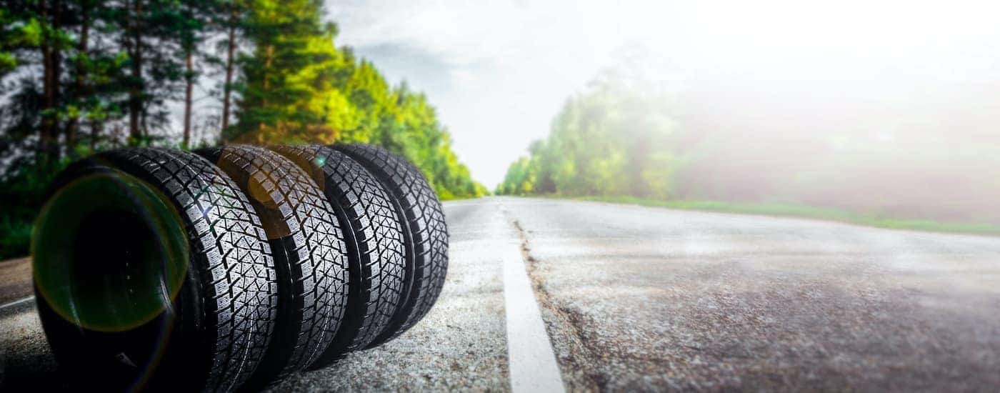 A set of tires are shown on a road leading to discount tires in Cincinnati.