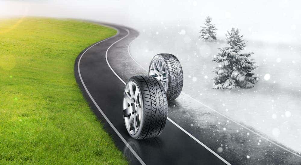 A all-season tire and a winter tire are rolling down a street.