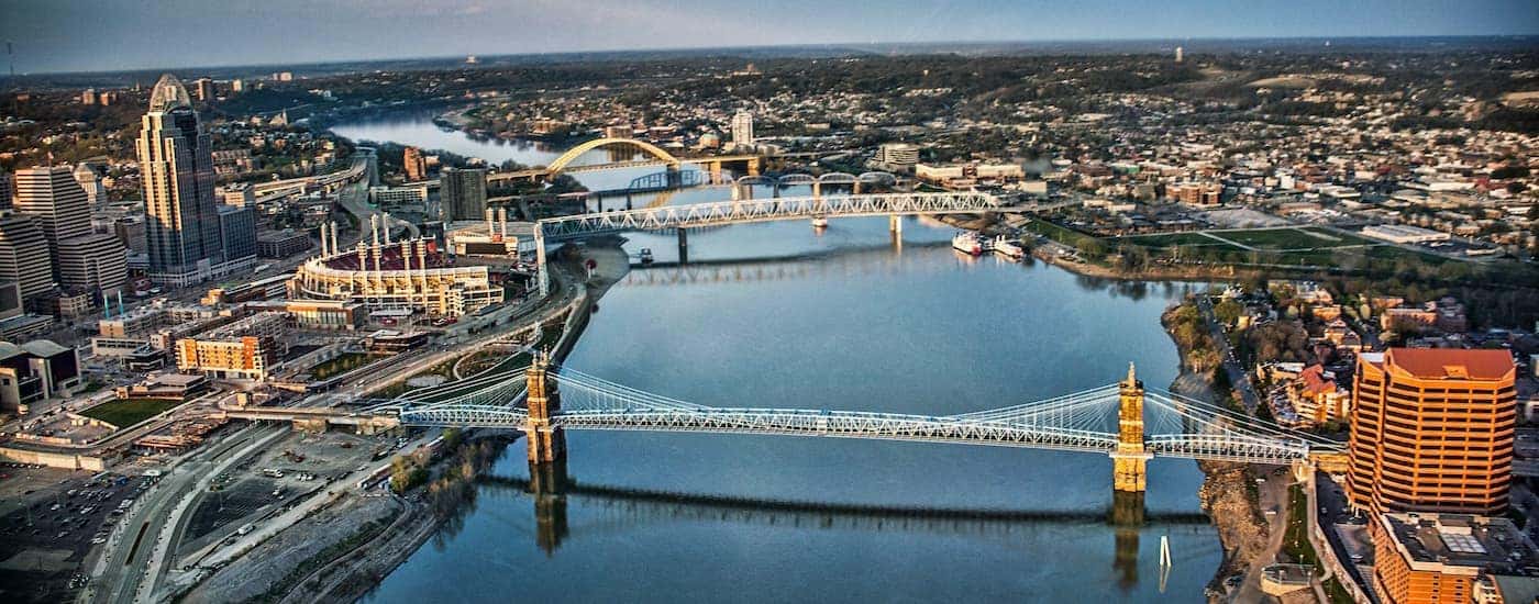 The Ohio river is shown from a high angle during the day.