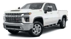 A white 2021 Chevy Silverado 2500 HD is angled left.