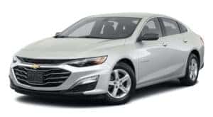 A silver 2021 Chevy Malibu is angled left.