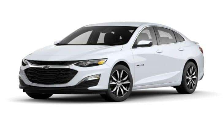 A white 2021 Chevy Malibu RS is angled left.