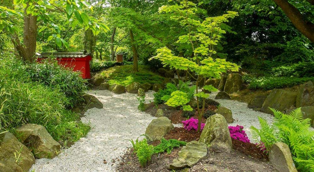 A stone walkway is shown at a botanical gaden.