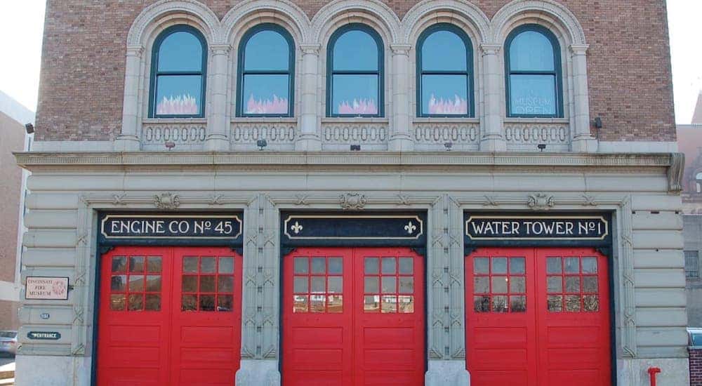 The red doors are shown on the Cincinnati Fire Museum.