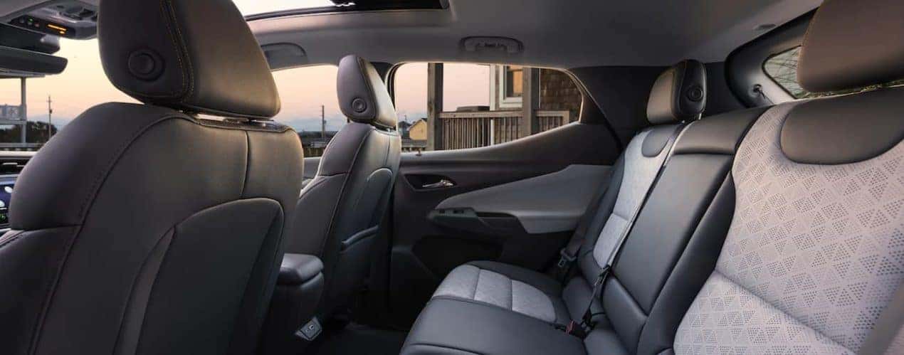 The rear seats in a 2022 Chevy Bolt EUV are shown from the side.