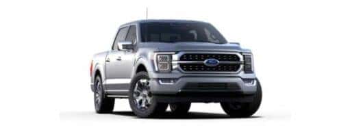 A silver 2021 Ford F-150 Platinum is angled right.