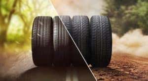 Four tires are shown during a Snow tires vs All Season tires comparison.