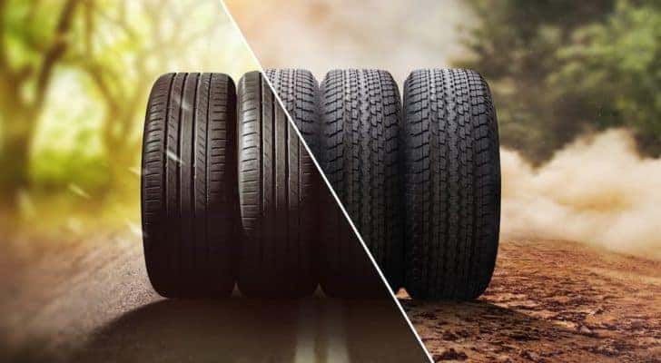 Four tires are shown during a Snow tires vs All Season tires comparison.