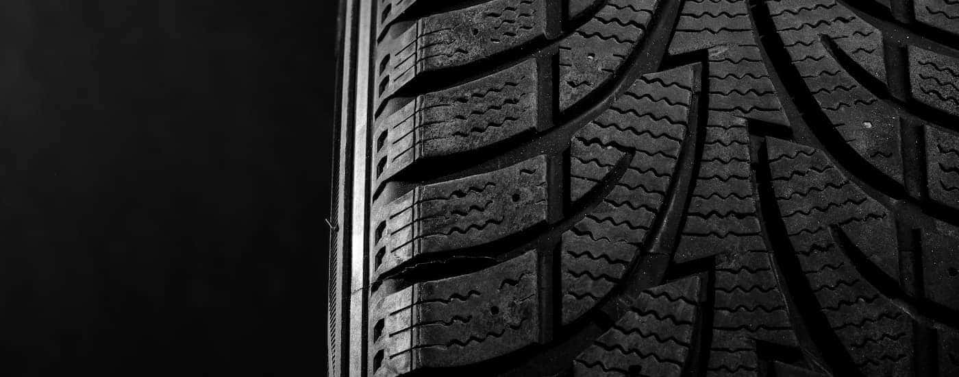 A tire is shown in close up.