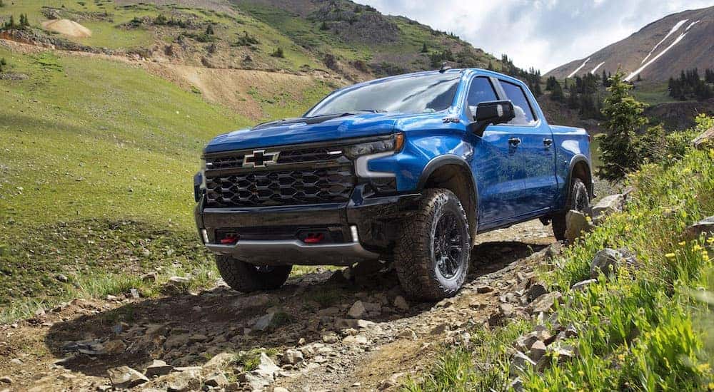 A blue 2022 Chevy Silverado ZR2 is shown from the front at an angle after the owner searched 'Chevrolet Cincinnati OH'.