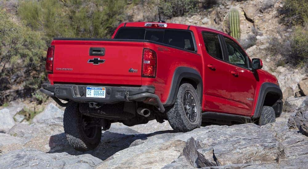 A 2019 Chevy Colorado ZR2 Bison is shown from the rear as it crawls over rocks after the owner searched 'Off road tires near me'.