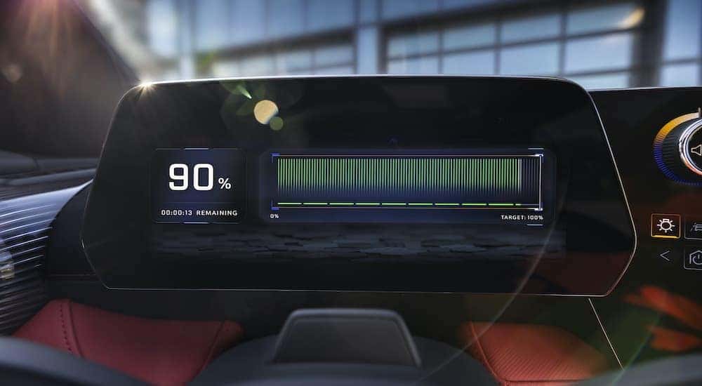 The tech inside a 2024 Chevy Blazer EV is shown in close up.