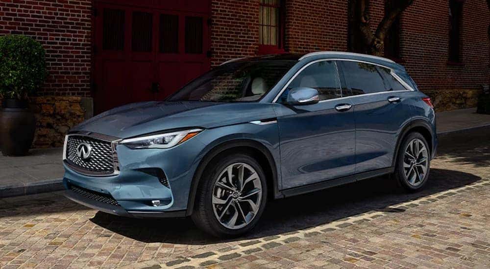 A blue 2020 INFINITI QX50 is shown from the front at an angle.