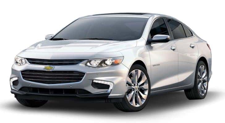 A silver 2019 Chevy Malibu is shown angled left.