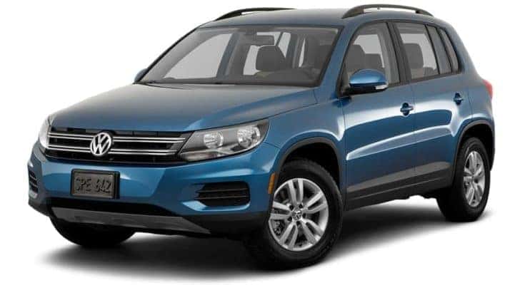 A blue 2017 Volkswagen Tiguan is shown angled left.