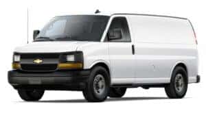A white 2017 Chevy Express is angled left.