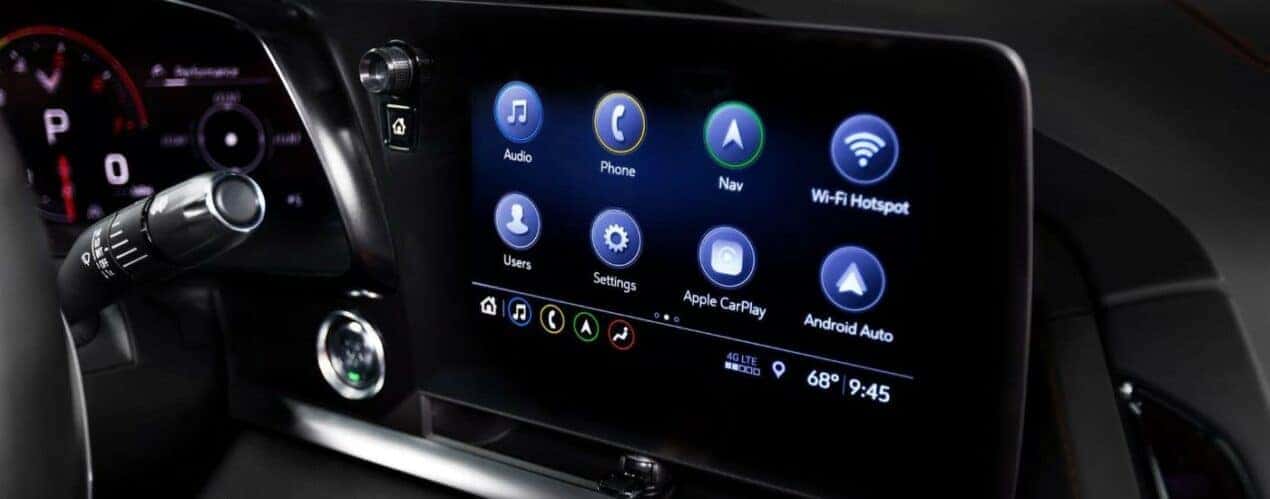 A close up shows the infotainment screen in 2023 Chevy Corvette.