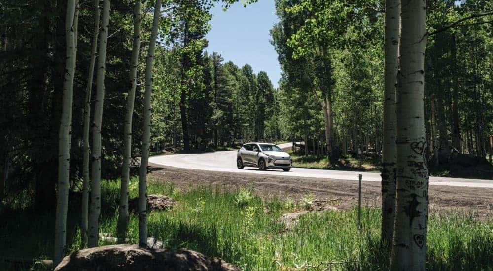 A white 2023 Chevy Bolt EUV is shown driving on a tree-lined road.