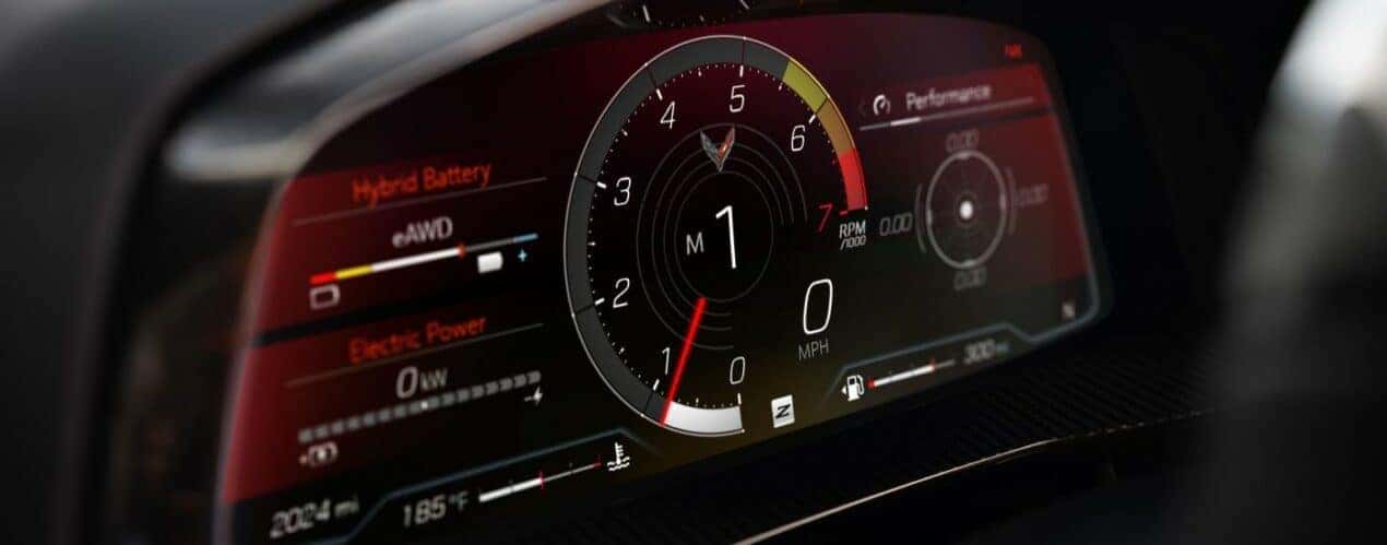 A close up shows the digital gauge screen in a 2024 Chevy Corvette E-Ray 3LZ.