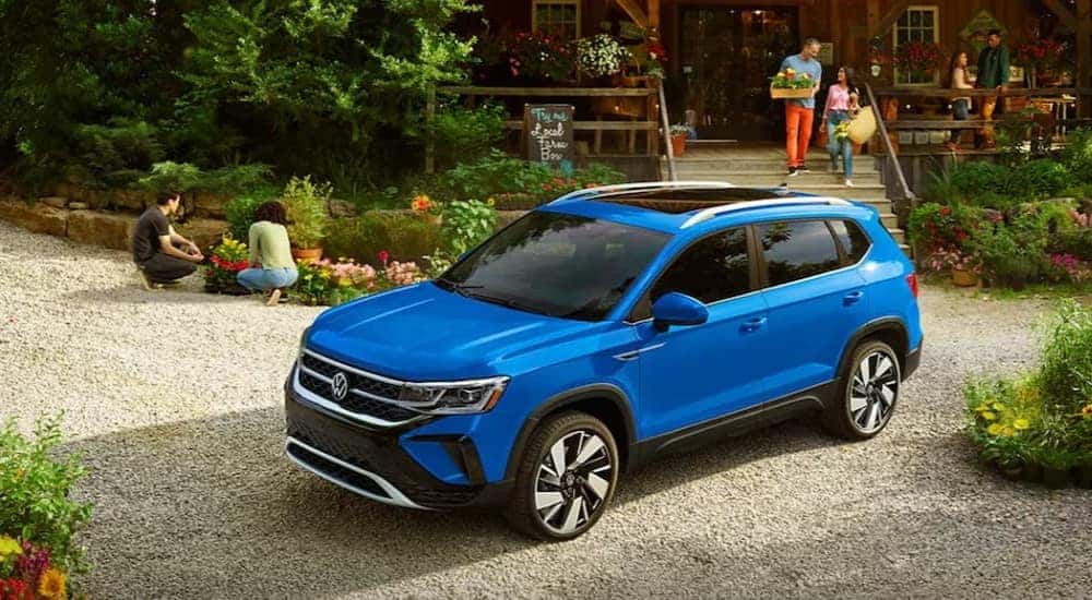 A blue 2024 Volkswagen Taos is shown parked near a plant shop.