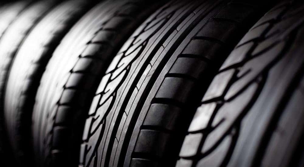 A close-up on a row of tires.