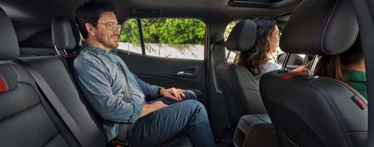 The black interior in a 2025 Chevy Trax is shown.