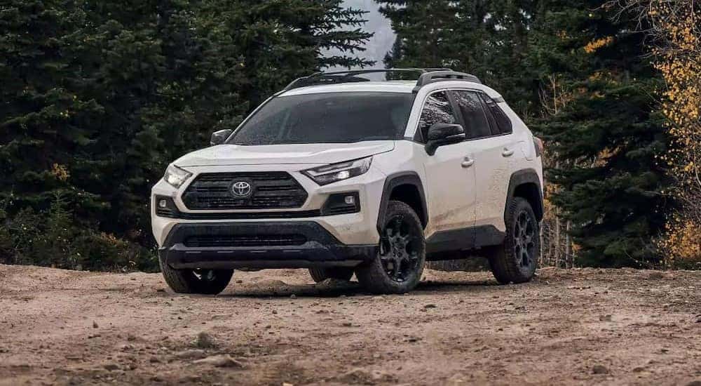 A white 2023 Toyota RAV4 is shown parked off-road.