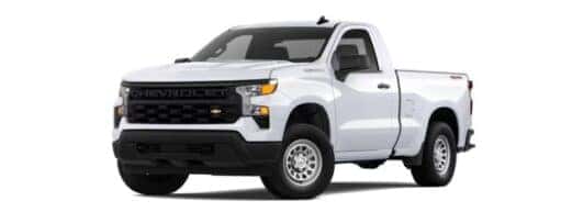 A white 2025 Chevy Silverado 1500 is angled left.