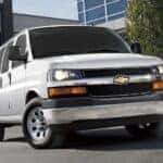 A white 2016 Chevy Express Van is shown from the front at an angle.
