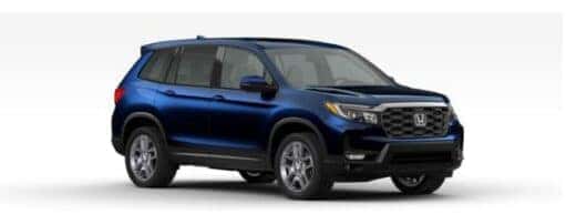 A blue 2025 Honda Passport is angled right.