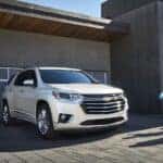 A white 2021 Chevy Traverse is shown from the front at a angle.
