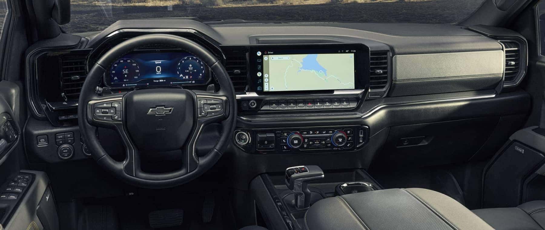Black dash and interior in a 2025 Chevy Silverado 1500.