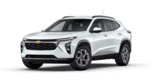 A white 2025 Chevy Trax LT is angled left.