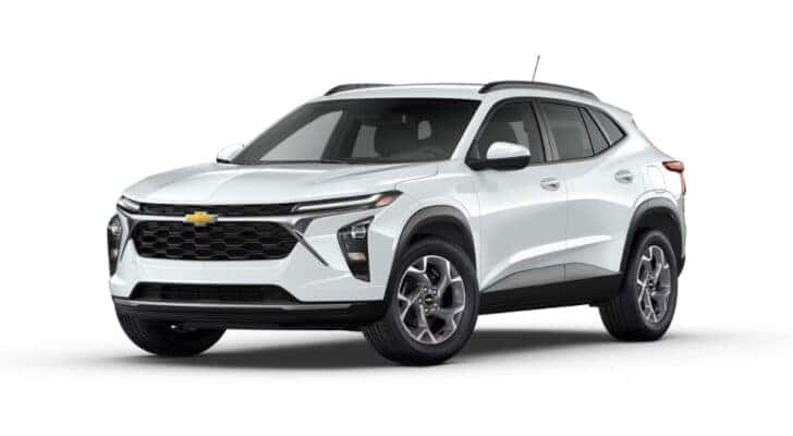 A white 2025 Chevy Trax LT is angled left.
