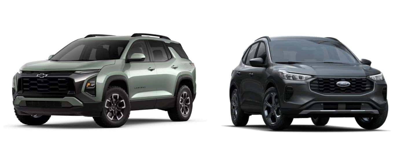 A green 2025 Chevy Equinx and a grey 2025 Ford Escape.