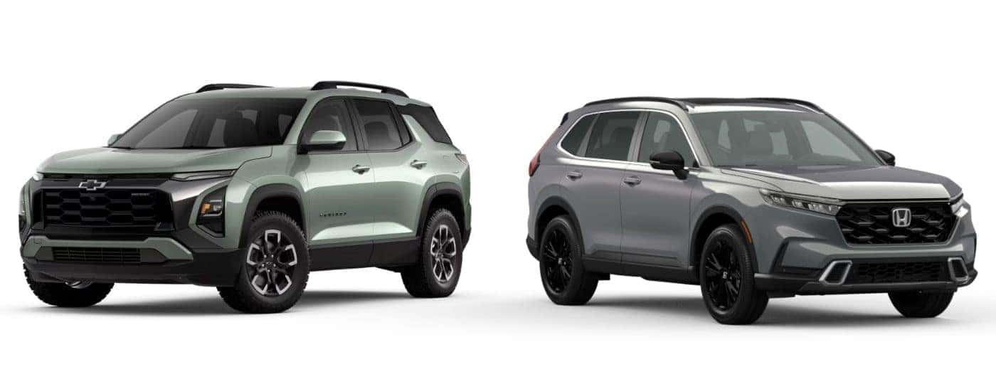 A green 2025 Chevy Equinx and a grey 2025 Honda CR-V.