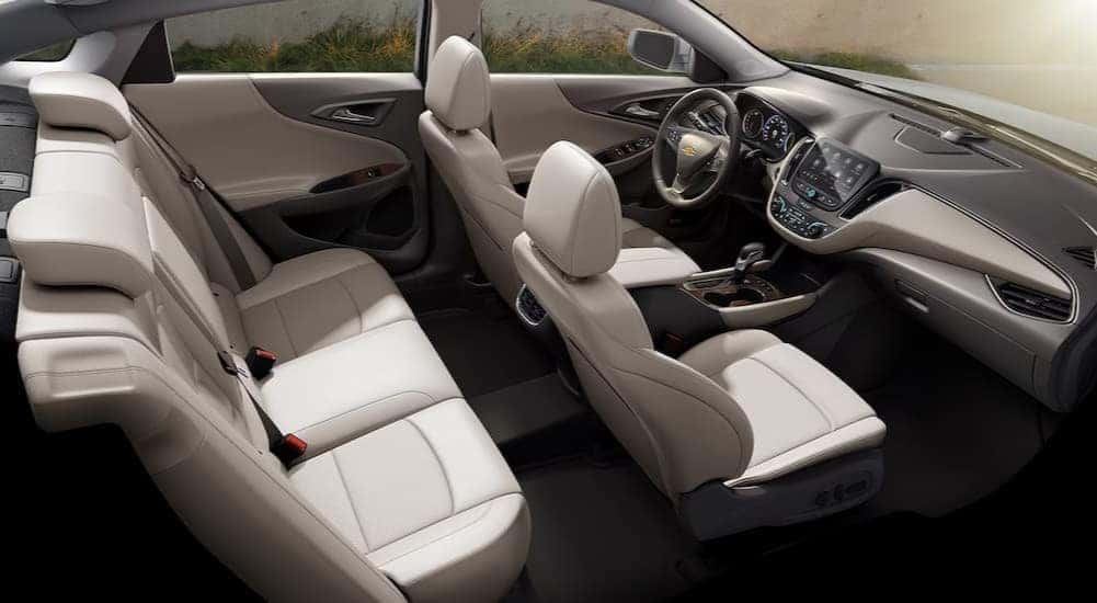 The white and gray interior in a 2025 Chevy Malibu.