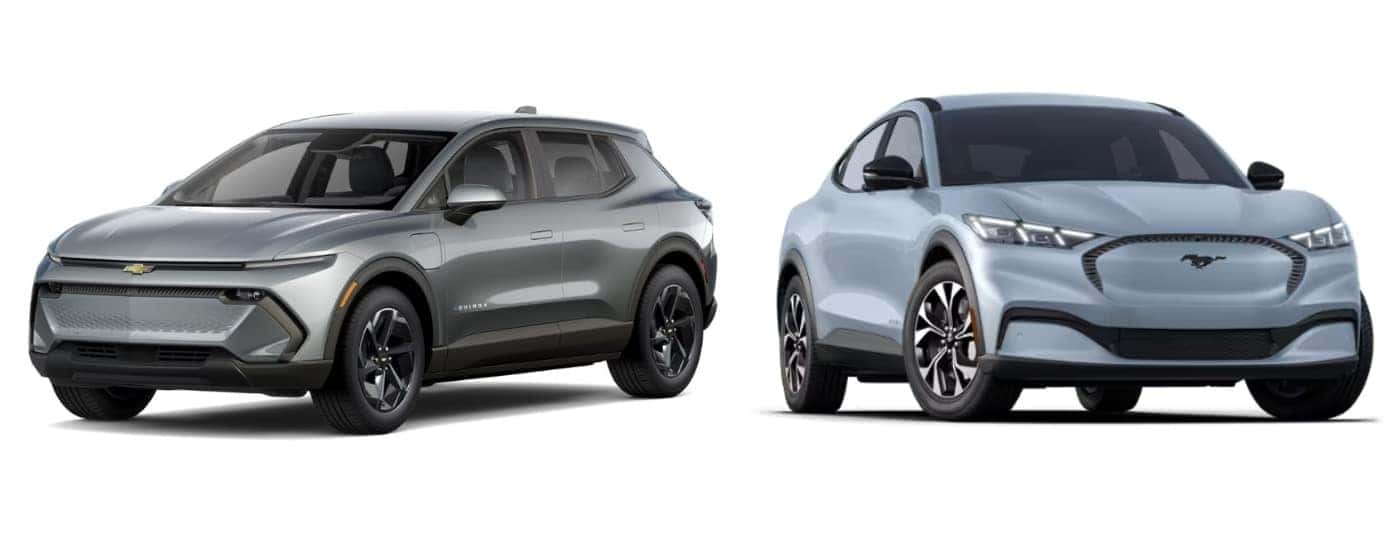 A grey 2025 Chevy Equinox EV LT is angled left and a grey 2025 Ford Mustang Mach-E Select is angled right.