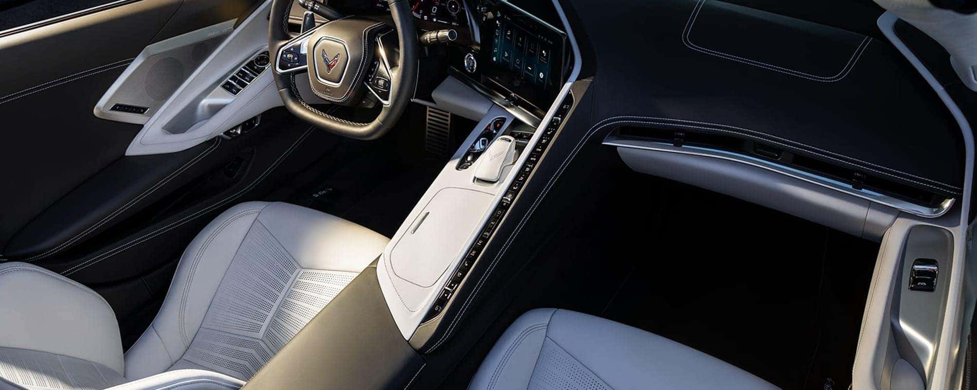 White and black interior in a 2025 Chevy Corvette Stingray.