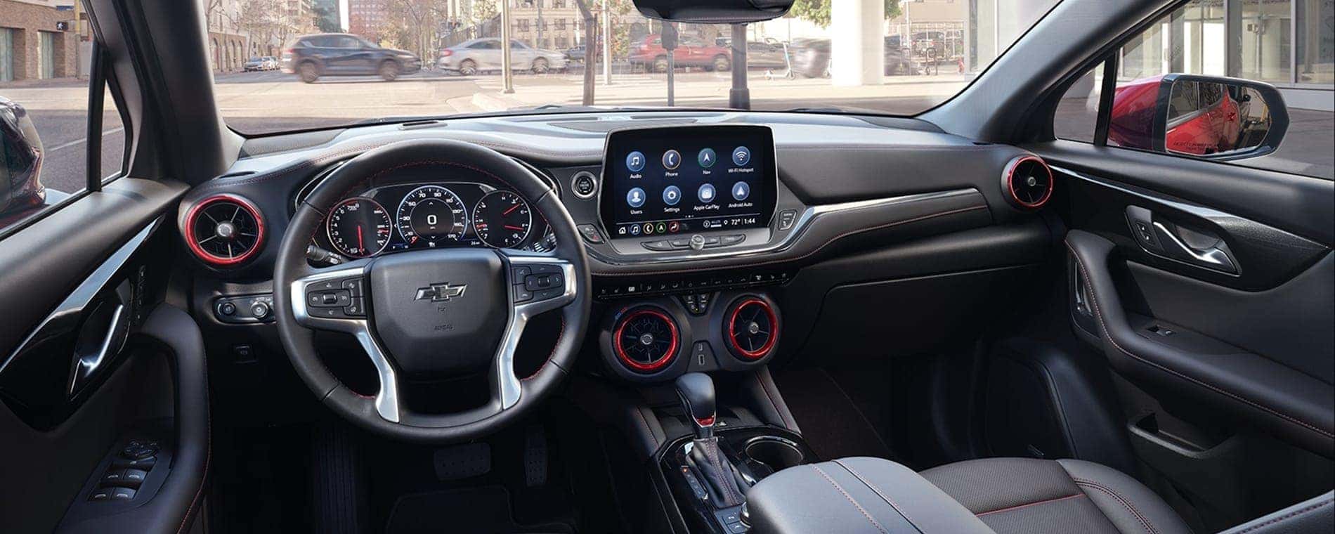 Black interior with red accents in a 2025 Chevy Blazer RS.