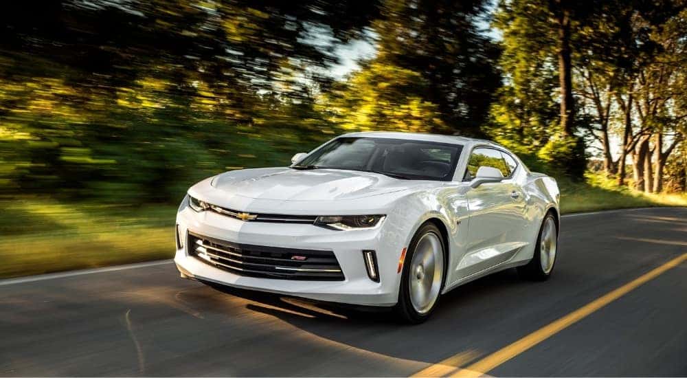 A white 2016 Chevy Camaro from the front.