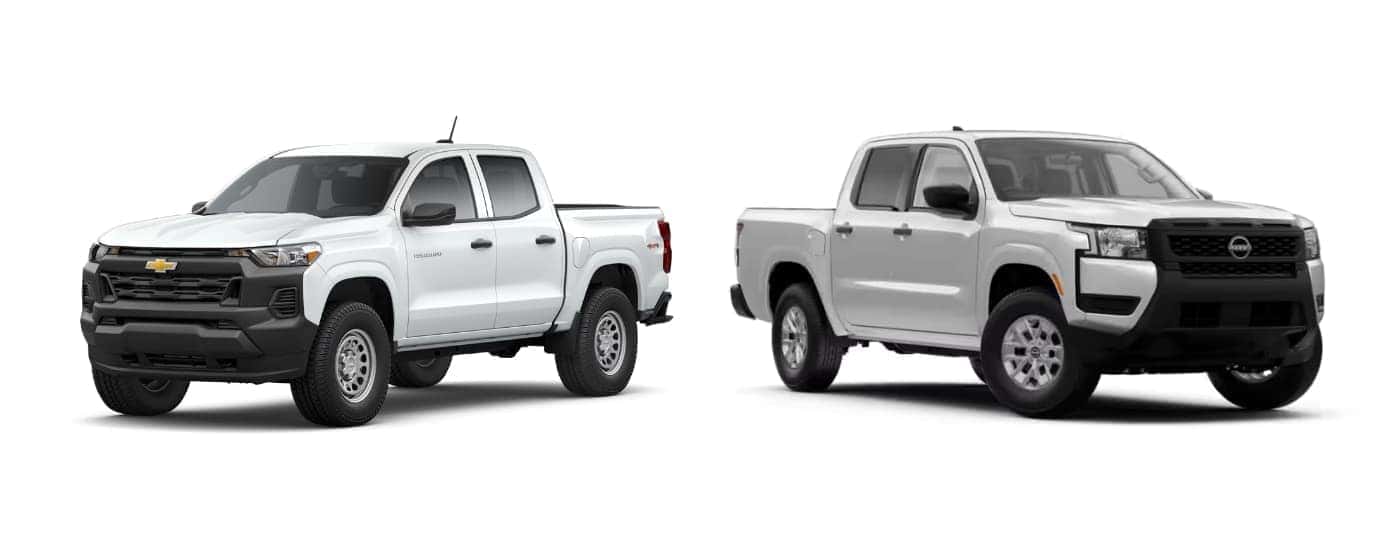 A white 2025 Chevy Colorado vs 2025 Nissan Frontier