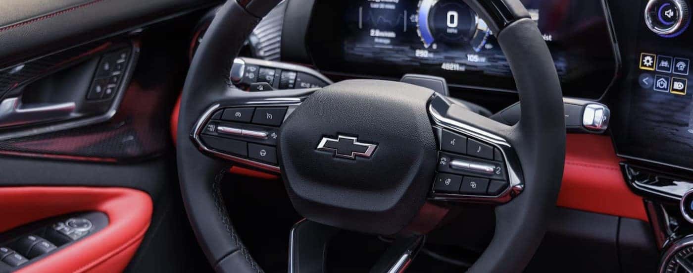 Close-up of the steering wheel in a 2025 Chevy Blazer EV for sale in Cincinnati.