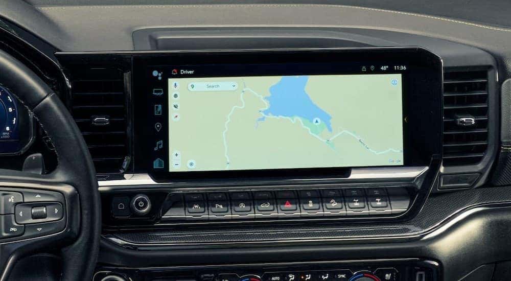 Close-up of an infotainment screen in a 2025 Chevy Silverado 1500 RST.
